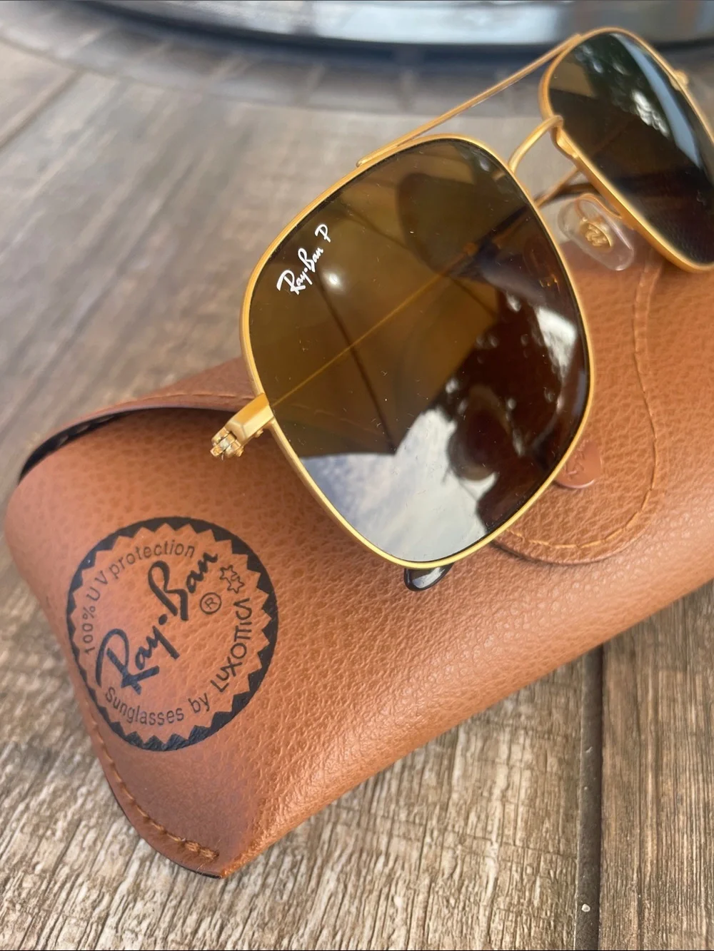 Ray-Ban Men’s Gold Frame Brown Lens Square Sunglasses